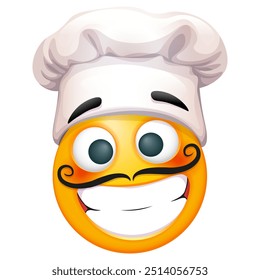 Emoji chef on white background. Emoticon with chef hat and mustache. Cute emoticon.