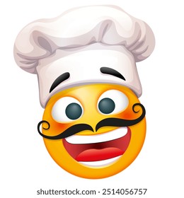 Emoji chef sobre fondo blanco. Emoticon con sombrero de chef y bigote. Lindo emoticono.