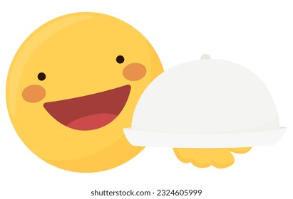 Emoji chef with tray cover, cloche for food, for hot meal plate
Vector icon illustration of yellow emoticon with Dish Lid, to use in designs, restaurant, menu, recipe book, cookbook, foodies, cooking