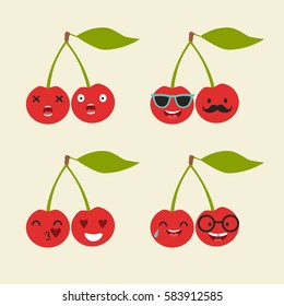 Emoji cherry vector. Cartoon cute fruit emoticons. Cherry characters whith funny faces stickers, flat cartoon style. Isolated on white background