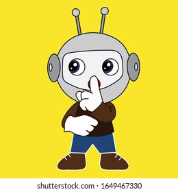 emoji chibi with character shushing shh to politely tell people to shut up and be quiet to keep silence. boy in costume robot or just bot with antennas and a helmet.