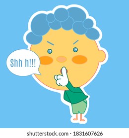 emoji with chibi character shushing Shhh to politely tell people to shut up and be quiet to keep silence, man using finger on mouth gesture to stop ppl talking, simple vector emoticon