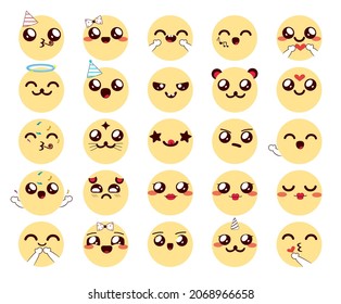 Juego de vectores de caracteres Emoji chibi. Colección de emojis kawaii con expresiones faciales lindas en caras amarillas para el diseño amigable de emoticonos de dibujos animados. Ilustración vectorial.
