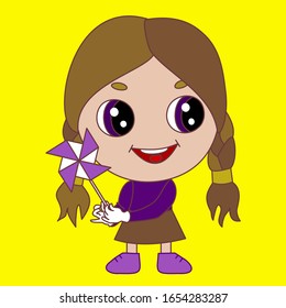 emoji with chibi girl playing with a windmill or pinwheel toy that spins by wind, simple hand drawn emoticon, simplistic colorful picture, vector art