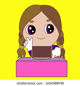 emoji with chibi girl that is pressing a notebook keyboard button with finger, simple colored vector emoticon