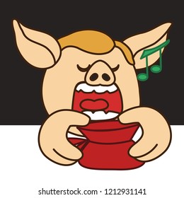 emoji with Christmas carol singer pig begging for reward while holding a bag of treats or candies or other gifts, simple hand drawn emoticon, simplistic colorful picture, eps 10 vector clip art