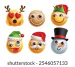 Emoji christmas characters vector set. Christmas emojis clip art characters in love, happy, smiling, silly, shy and blush facial expression for holiday season 3d icon graphic elements. Vector