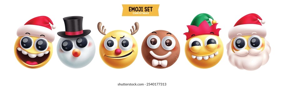 Emoji christmas characters vector set. Emojis emoticon xmas character like snowman, reindeer, ginger bread, elf and santa claus in happy face 3d elements collection. Vector illustration emojis