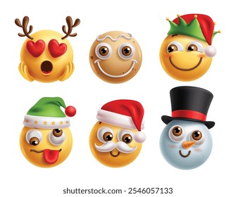 Emoji christmas characters vector set. Christmas emojis clip art characters in love, happy, smiling, silly, shy and blush facial expression for holiday season 3d icon graphic elements. Vector