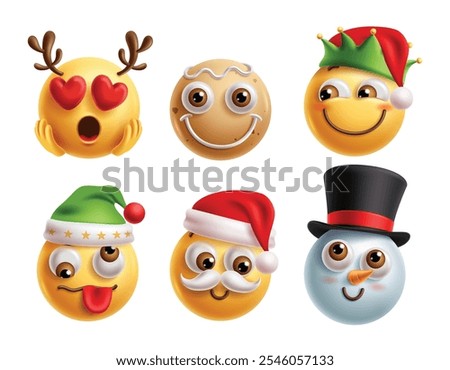 Emoji christmas characters vector set. Christmas emojis clip art characters in love, happy, smiling, silly, shy and blush facial expression for holiday season 3d icon graphic elements. Vector
