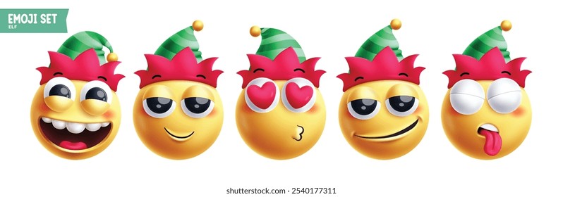 Emoji christmas elf emoticon characters vector set. Emojis xmas character in happy, smiling,  in love, sad, naughty, lonely funny, shy and cute 3d round face elements collection. Vector illustration 