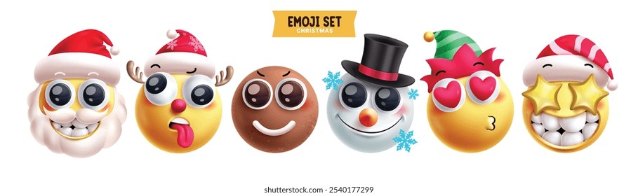 Emoji christmas emoticon characters vector set. Emojis xmas character like santa claus, reindeer, ginger bread, elf and snowman in happy face 3d elements collection. Vector illustration emojis 
