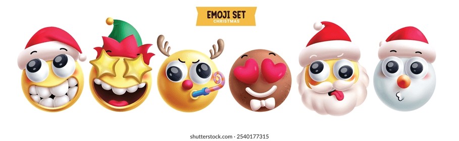 Emoji christmas emoticon characters vector set. Emojis xmas character like santa claus, elf, reindeer, ginger bread and snowman in happy face 3d elements collection. Vector illustration emojis