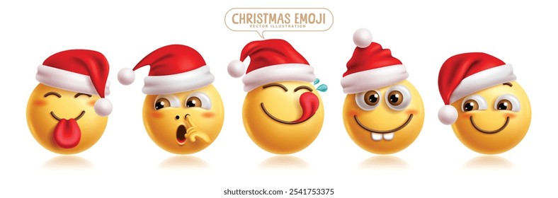 Conjunto de Vector de personajes de emoticonos de Navidad de Emoji. Emoticonos personaje de santa claus en la expresión facial traviesa, aburrida, desinteresada, juguetona y feliz con sombrero rojo carácter de Elementos gráficos 3D. 