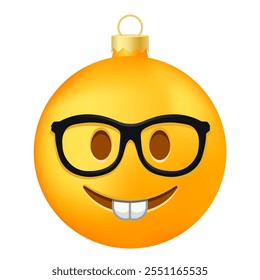 Emoji bola de árbol de Navidad o juguete con cara de nerd