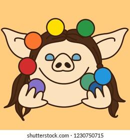 emoji with circus juggler pig woman juggling balls to entertain cirque crowd, acrobat shows her coordination skill by manipulating props, female performer throws & cathes objects in air with hands