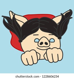 emoji with classic female super hero character pig flying with waving cape, curly superhero woman fly in the air by pushing fists forward and using her superpower, simple hand drawn emoticon