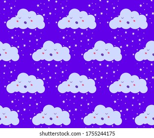 Emoji clouds on dark sky with star rain or snow seamless pattern. Baby kids limitless background with flat cartoon cute air sky sign. Repeat ornament for paper wrap, fabric, print. Vector illustration