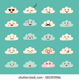 Emoji clouds vector. Cute smily clouds with faces vector set. Cartoon funny emoticon. Flat cartoon style stickers. Isolated on blue sky background