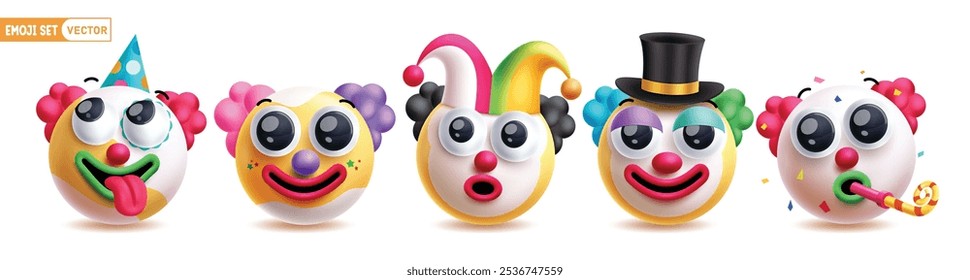 Conjunto de Vectores de personajes de emoticonos de payaso de emoji. Emojis 3d emoticonos payasos de cumpleaños en travieso, divertido, bromista y cara feliz comediante mascota colección. Conjunto de iconos de emojis de payaso de cumpleaños de Ilustración vectorial.
