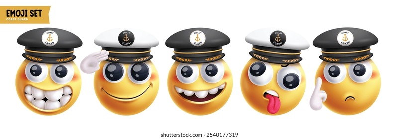 Conjunto de Vector de personajes de emoticonos de la guardia costera de Emoji. Emojis profesionales carácter como marino, capitán, marinero, crucero de barco y marinero emoticonos mascota 3d Elementos de cara redonda colección. Vector 