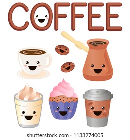 Emoji coffee set of cups with eyes. Element for menu, restaurant, banner, icons, games. Vector illustaration of hot drink. Latte, cake.