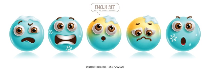 Emoji Kälte 3D Emoticon Zeichen Vektor-Set. Emoticons Charakter mit gefroren, Freeze, gekühlt, traurig, schockiert, Frost und Überraschung Gesichtsausdrücke grafische Elemente Sammlung. Vektorgrafiken 