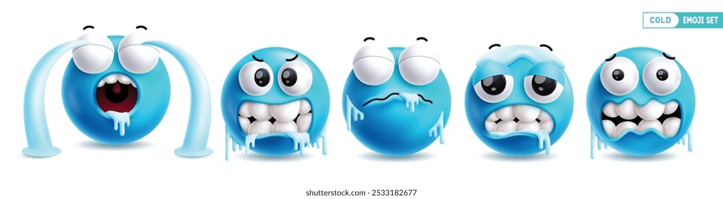 Conjunto de Vectores de personajes de emoticonos fríos de emoji. Emojis congelado colección de carácter de emoticono en frío, congelación, lágrimas, escarcha y nieve aislado en fondo blanco. Ilustración vectorial azul congelado redondo 