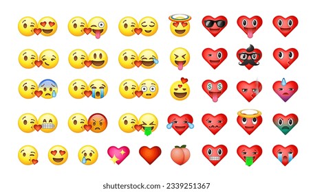 Emoji collection. High quality love, heart, and kisses emoticons isolated on a white background. Hearts, yellow smiles for Valentines day emoji set. Social media icons, vector illustration