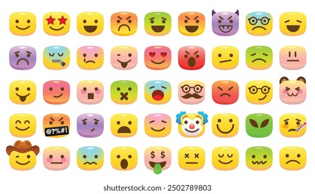 Colección de emoji ilustrada con la cara y la expresión diversas lindas en el fondo blanco