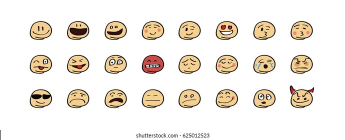 Emoji collection simple cartoon hand drawn style, vector eps10 illustration isolated on white background
