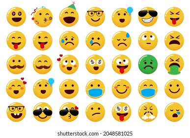 Emoji collection vector set. Emoticons cute characters with party, cool, crazy and happy emojis face isolated in white background for emojis face expression design. Vector illustration.
