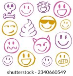 Emoji collection vetor illustration. Thee colors. Happy, angry, confused, smile, skull face. Different expressions. Pattern design, background, backdrop. Hand draw, marker pen.