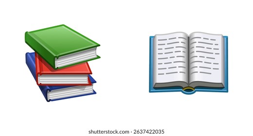 Emoji colorful book collection. Set of different stacks and piles of books, open and closed books. Educational theme, scientific and fiction literature. Vector 10 eps.