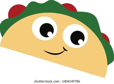 Emoji of the colorful taco has a cute little face with eyes rolled bottom-left is smiling and looks funny, vector, color drawing or illustration.