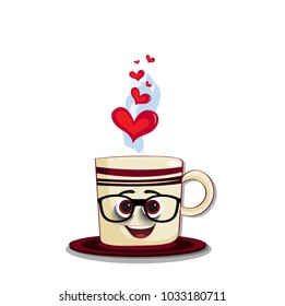 Emoji comic cup character with brown eyes in glasses. Cheerful doodle steaming mug with cute cartoon smiling face and read hearts in smoke. Vector illustration, icon, clip art on white background.