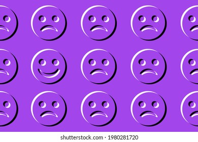 patrón de concepto emotiji con caras fruncidas y una cara sonriente, efecto grabador, ilustración vectorial