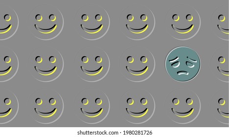 emoji concept pattern with smiling faces and one disappointed face,engraving effect,vector illustration