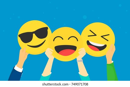 Emoji concept vector illustration happy men and women showing emoji head symbols for emotional reactions. Flat human hands hold laughing and smiling emoticons on blue background