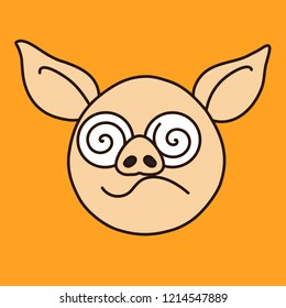 emoji with confused pig face that is expressing confusion with spiral like eyes and curvy mouth, simple hand drawn emoticon, simplistic colorful picture, vector art with pig-like characters
