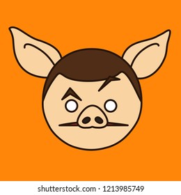 emoji with confused pig guy that is raising eyebrow with huh? expression, simple hand drawn emoticon, simplistic colorful picture, vector art with pig-like characters