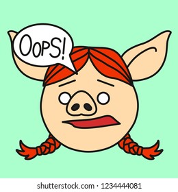 emoji with confused redhead pig gal with pigtails who is saying Oops with a speech bubble, simple hand drawn emoticon, simplistic colorful picture, vector art with pig-like characters