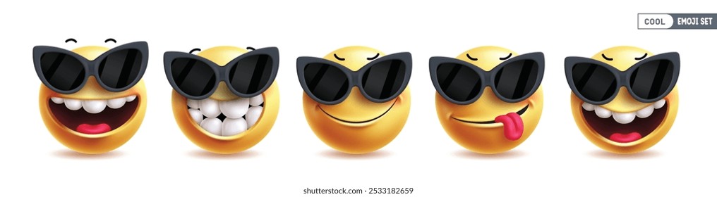 Conjunto de Vector de personajes 3d Emoji cool. Personaje de emoticono de emojis con gafas de sol en cara feliz, sonrisa linda, expresiones faciales divertidas y traviesas en fondo aislado. Ilustración vectorial fresca