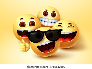 Diseño vectorial de personajes de amigos geniales de Emoji. Emoji llevando gafas de sol junto con los amigos emoticonos en una expresión facial sonriente feliz con fondo amarillo. Ilustración vectorial.
