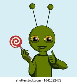 emoji with cool happy smiling alien with protruding tongue holds a lollipop and showing a thumbs up gesture, color vector emoticon