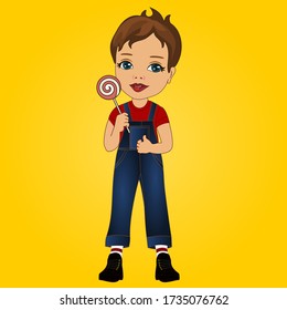 emoji with cool happy smiling boy in hat with protruding tongue stands and holds a lollipop, color vector emoticon jn isolated background