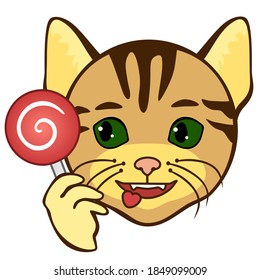 emoji with cool happy smiling cat in hat with protruding tongue holds a lollipop, color vector emoticon on white isolated background