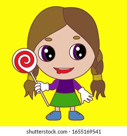 emoji with cool happy smiling chibi girl in hat with protruding tongue stands and holds a lollipop, color vector emoticon
