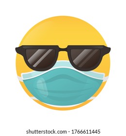 Emoji cool in medical mask. Smiling face with sunglasses vector illustration.