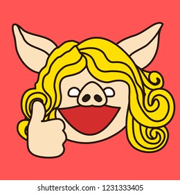 emoji with cool smiling blonde pig woman with short haircut with side swept bangs who shows thumbs up gesture with left hand by raising her big thumb finger to express her approval